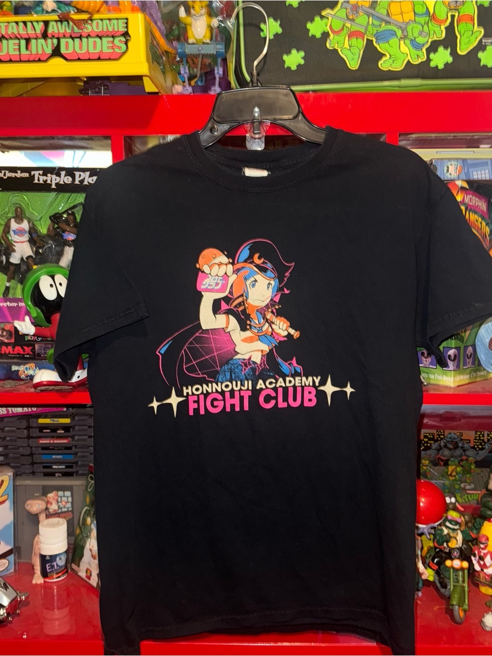 Honnouji Academy Fight Club Graphic Tee - Black with Pink & Blue Print